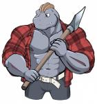 abs axe biceps clothed clothing felling_axe lumberjack male melee_weapon muscular muscular_male navel nipples open_clothing open_shirt open_topwear pecs shirt simple_background solo topwear weapon white_background maldu nintendo pokemon generation_1_pokemon machoke pokemon_(species) absurd_res hi_res portrait three-quarter_portrait