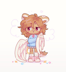 ambiguous_gender anthro blue_clothing blue_shirt blue_topwear bottomwear brown_body brown_eyebrows brown_fur brown_hair clothing eyebrows feathered_wings feathers footwear fur hair holding_object looking_away pink_clothing pink_eyes pink_footwear pink_shoes shirt shoes simple_background skirt socks solo standing tail topwear white_background white_clothing white_footwear white_socks white_wings wings louloous canid canine canis domestic_dog mammal 2026 colored colored_sketch digital_drawing_(artwork) digital_media_(artwork) hi_res shaded sketch