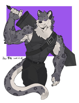 anthro biceps bottomwear clothing fur grey_body grey_fur hair looking_at_viewer male markings melee_weapon muscular muscular_male pants pecs purple_eyes shirt smile solo spots spotted_body spotted_fur standing sword tail tank_top topwear weapon milatora1 i_think_i_like_you dev_(i_think_i_like_you) felid mammal pantherine snow_leopard absurd_res hi_res
