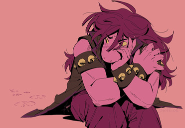 anthro blush blush_lines bodily_fluids bottomwear bracelet clothed clothed_anthro clothed_female clothing female hair holding_head jacket jewelry looking_aside messy_hair monotone_background pants pink_body pink_hair simple_background sitting snout solo spiked_bracelet spikes sweat sweatdrop topwear yellow_eyes jsheios deltarune undertale_(series) susie_(deltarune) reptile scalie 2026 aliasing digital_media_(artwork) hi_res