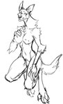 anthro arm_tuft bent_legs big_claws big_nipples big_pubes breasts chest_tuft claws digitigrade elbow_tuft female hand_on_breast long_arms long_legs long_neck nipples nude pubes shoulder_tuft simple_background solo toe_claws tuft white_background guoh canid canine mammal 2022 digital_drawing_(artwork) digital_media_(artwork) hi_res monochrome