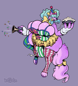 accessory anthro big_breasts big_bulge bodily_fluids bottomwear bow_tie breasts bulge clothing clown cum cum_in_clothing cum_through_clothing fingerless_gloves food fur furgonomics genital_fluids gloves green_hair grey_background gynomorph hair handwear hat headgear headwear holding_food holding_object holding_pie huge_breasts intersex legwear pastry pattern_clothing pattern_legwear pattern_stockings pawpads pie pink_body pink_fur ribbons simple_background skirt smile solo stockings striped_clothing striped_legwear striped_stockings stripes tail tail_accessory tail_ribbon wet wet_clothing keffotin marcie_(keffotin) canid canine canis mammal wolf 2025 digital_media_(artwork) hi_res trans_(lore) trans_woman_(lore)