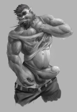 anthro balls bodily_fluids cum erection genital_fluids genitals humanoid_genitalia humanoid_penis male muscular muscular_anthro muscular_male nude penis solo yinhu885 haplorhine mammal monkey primate hi_res