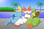 ambiguous_gender beach big_butt blue_body butt green_body group looking_at_viewer lying nude on_front plant pool short_stack trio water white_body adeviantcritter nintendo pokemon generation_8_pokemon grookey haplorhine lagomorph mammal pokemon_(species) primate scalie scorbunny sobble absurd_res hi_res