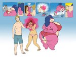 anthro ball beach big_breasts bikini blue_hair breasts clothed clothing comic common_hippopotamus dialogue english_text female gillpanda group hair hippopotamid huge_breasts jumping kissing male mammal nipples outside overweight pink_body seaside skimpy smoke speech_bubble swimwear text tight_clothing two-piece_swimsuit water