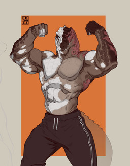 anthro big_muscles blind_eye blue_eyes bottomwear brown_body brown_scales burn_scar clothing flexing flexing_bicep flexing_both_biceps front_view male muscular muscular_anthro muscular_male pants pecs pupils scales scar shirtless_anthro shirtless_male slit_pupils solo sweatpants ekzonzz crocodile crocodilian reptile scalie absurd_res hi_res