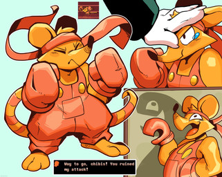 accessory anthro bodily_fluids boxing_gloves clothed clothing disembodied_hand duo female fingers fully_clothed fur handwear headband headpat markings orange_body orange_fur overalls pouting short striped_markings striped_tail stripes tail tail_markings tears text ceehaz deltarune undertale_(series) orange_(deltarune) mammal mouse murid murine rodent 2026 absurd_res english_text hi_res