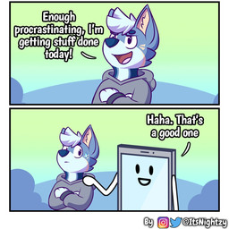 :d anthro blue_body blue_ears blue_eyebrows blue_hair bodily_fluids cellphone clothing crossed_arms detailed_background dialogue duo electronics eye_contact eyebrows fur fur_markings grey_clothing grey_phone grey_sweater grey_topwear hair hand_on_shoulder inner_ear_fluff instagram_logo looking_aside looking_at_another looking_to_sky markings missing_lower_body open_mouth phone pink_mouth smartphone smile sweat sweatdrop sweater text topwear tuft twitter_handle twitter_logo two_panel_image yellow_inner_ear yellow_inner_ear_fluff yellow_markings itsnightzy instagram twitter animate_inanimate canid canine canis mammal wolf 1:1 2022 comic english_text meme