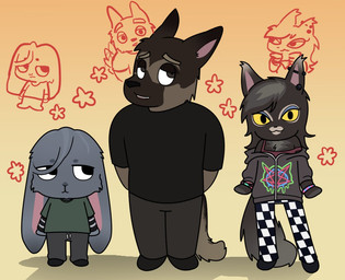 alternate_species alternative_fashion ambiguous_gender anthro bottomwear checkered checkered_bottomwear checkered_clothing checkered_pants clothing eyeshadow female furrification group hoodie makeup male pants pattern_bottomwear pattern_clothing pattern_pants scene_(fashion) shirt sweatpants t-shirt tank_top topwear trio yaxor11 aggretsuko clinical_trial sanrio adriana_ortega angel_martinez lee_smith canid canine canis domestic_cat domestic_dog felid feline felis lagomorph leporid mammal rabbit