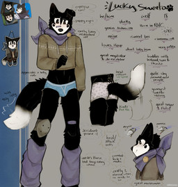 anthro band-aid band-aid_on_face band-aid_on_leg bandage bandage_on_face black_body black_fur blue_clothing blue_underwear bracelet briefs bulge butt character_bio chibi clothing cropped_hoodie cropped_sweater dipstick_tail flat_butt floppy_ears fur heart_clothing heart_symbol heart_underwear jewelry kerchief knee_pads leg_warmers legwear male markings medallion midriff mole_(marking) neckerchief neckwear one_ear_up pattern_clothing pattern_underwear pie_cut_eyes pleading_eyes pronouns slim_male smile solo stated_age stated_gender stated_height tail tail_markings tail_motion tailwag technology text underwear v-line cerberussenn lucky_sweeto_(cerberussenn) canid canine canis mammal wolf absurd_res character_name english_text hi_res signature sketch_page