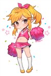 blonde_hair blush bottomwear cheerleader clothed clothing crossdressing femboy footwear hair humanoid_pointy_ears light_body light_skin long_hair male midriff navel not_furry pointy_ears pom_poms ponytail shoes simple_background skirt solo salmon_go nintendo the_legend_of_zelda wind_waker toon_link elf humanoid hylian signature