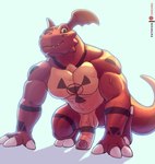 all_fours anthro bandai_namco big_penis chicobo digimon digimon_(species) fin foreskin genitals guilmon head_fin hi_res humanoid_genitalia humanoid_penis male muscular muscular_anthro muscular_male pecs penis red_body red_scales scales scalie smile solo tail