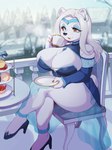 anthro big_breasts breasts cleavage clothed clothing container crossed_legs cup ear_piercing female footwear high_heels holding_container holding_cup holding_object huge_breasts piercing shoes solo thick_thighs kaeritai07 mathilda_snowbriar bear mammal polar_bear ursine 3:4 hi_res