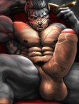 abs anthro balls biceps big_muscles big_penis boggart_grander chair cigar erection foreskin furniture genitals hair looking_at_viewer male muscular muscular_anthro muscular_male nipples pecs penis scar solo thick_penis dynafurryart canid canine canis domestic_dog mammal mastiff molosser rottweiler absurd_res hi_res