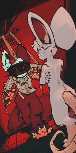 ambiguous/ambiguous ambiguous_gender anthro black_body black_fur bottomless claws clothed clothing duo fur nude nude_anthro red_eyes restraints rodent_tail shirt shirt_only straitjacket topwear topwear_only white_body white_fur dizzymilky dizzy_(dizzymilky) domestic_cat felid feline felis mammal mouse murid murine rodent absurd_res digital_media_(artwork) hi_res