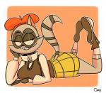 anthro bedroom_eyes beret bottomwear breasts butt clothed clothing female fully_clothed grin hat headgear headwear lying narrowed_eyes on_front seductive skirt smile solo sweater topwear coekj_(artist) mammal procyonid raccoon