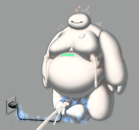 anthro balls bodily_fluids breasts cum electricity genital_fluids genitals lactating machine male male_lactation milk nipples nude overweight penetration penis solo urethral urethral_penetration redremy7 big_hero_6 disney baymax hi_res