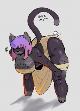 5_fingers anthro bangs bent_over biped blush blush_lines bottomwear breasts butt chest_tuft chest_wraps clothed clothing ear_piercing emanata female female_anthro fingers freckled_breasts freckled_butt freckled_face freckled_legs freckled_shoulders freckled_thighs freckles front_view fully_clothed fur grey_body grey_fur hair hair_over_eyes hanging_breasts humanoid_hands leaning_on_self loincloth monotone_background piercing purple_hair simple_background solo speckle_freckles standing tail text tuft wraps alihsart akula_(alihsart) domestic_cat felid feline felis mammal artist_name digital_drawing_(artwork) digital_media_(artwork) hi_res signature