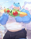 anthro belly big_belly blue_body blush bottomwear bulge clothing group humanoid_hands male one_eye_closed overweight overweight_anthro overweight_male shell-less shirt shorts tank_top topwear toy toy_gun water water_gun wet wet_clothing wet_shirt wet_topwear wink o-ro nintendo pokemon songkran blu_(o-ro) blastoise generation_1_pokemon generation_8_pokemon generation_9_pokemon inteleon pikachu pokemon_(species) quaxly snorlax 2022 4:5 hi_res