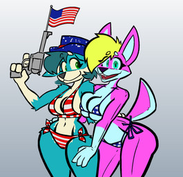 american_flag american_flag_bikini anthro big_breasts bikini blonde_hair breasts clothing duo female female/female flag_bikini flag_swimwear fur green_eyes gun hair handgun holding_gun holding_handgun holding_object holding_ranged_weapon holding_revolver holding_weapon holidays inflatable looking_at_viewer multicolored_body multicolored_fur pink_body ranged_weapon revolver swimwear tail tan_body tan_fur teal_body teal_eyes teal_fur teal_hair trigger_discipline two-piece_swimsuit two_tone_body two_tone_fur united_states_of_america weapon wearing_hat white_body wide_hips aygee 4th_of_july sofi_(aygee) xusky_(aygee) animate_inanimate canid canine canis domestic_dog fox husky living_inflatable living_latex mammal nordic_sled_dog spitz 2026 digital_drawing_(artwork) digital_media_(artwork) hi_res