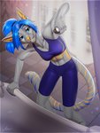 5_fingers anthro blue_eyes blue_hair clothed clothing female fingers hair orange_nose solo standing amur canid canine canis domestic_dog hybrid mammal 2020 digital_media_(artwork) hi_res