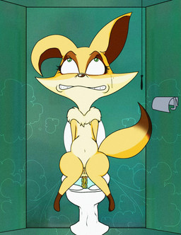accident anthro bodily_fluids chest_fur clenched_teeth desperation feces feces_in_ass female fur genitals green_eyes navel pooping pooping_in_toilet sitting sitting_on_toilet solo sweat sweatdrop tan_body tan_fur teeth thought_bubble toilet toilet_paper toilet_use vulva blpanda popy canid canine fennec_fox fox mammal true_fox hi_res