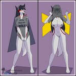 arm_markings barefoot black_border black_hair blush bodily_fluids border bottomless chest_markings clothed clothing facial_markings feet female flashing flashing_breasts flashing_pussy fur genital_fluids grey_body grey_fur hair hands_down hands_up head_markings inverted_nipples long_hair looking_away markings nervous nervous_smile nipples red_markings shirt shirt_only shirt_over_face simple_background smile solo standing tail tail_motion tailwag toothy_smile topwear topwear_only vaginal_fluids zaraunitymasters meme_clothing the_witcher zara_(zaraunitymasters) canid canine canis mammal wolf 1:1 hi_res meme shaded watermark