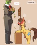 animal_genitalia animal_penis balls blush bodily_fluids brown_hair bulge clothing coin cutie_mark duo equine_genitalia equine_penis feral fur genital_fluids genitals hair kissing_booth male penis precum suit yellow_body yellow_fur cold-blooded-twilight friendship_is_magic hasbro my_little_pony anon caramel_(mlp) equid equine horse human mammal pony 2025 hi_res