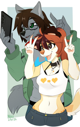 anthro biped bottomwear bra breasts claws clothed clothed_anthro clothed_female clothed_male clothing countershade_torso countershading duo female fingers front_view fully_clothed fully_clothed_anthro fully_clothed_female fully_clothed_male fur hair male navel pants shirt simple_background smile standing tail teeth tongue topwear underwear wolflady danika_(wolflady) canid canine canis domestic_dog mammal 2026 digital_drawing_(artwork) digital_media_(artwork)