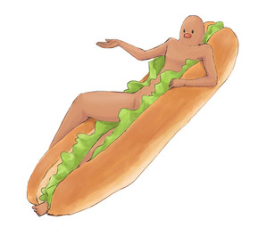 5_fingers ambiguous_gender anthro biped bread fingers food hot_dog hot_dog_bun lettuce lying micro nude plant simple_background solo vegetable what ノキ nintendo pokemon diglett generation_1_pokemon pokemon_(species)