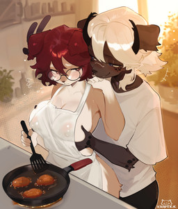 ambiguous_gender anthro apron apron_only blue_eyes breast_squish breasts brown_body brown_skin clothing cooking dark_body dark_skin duo eyewear female female/ambiguous floppy_ears folded_ears glasses hair horn kitchen meal mostly_nude piercing red_eyes red_hair shirt short_hair shy squish t-shirt topwear white_hair wings krapekk beau_von_sexton leslie_aufenberg border_collie canid canine canis collie deer demon domestic_dog fox herding_dog hybrid mammal moose new_world_deer pastoral_dog red_fox sheepdog silver_fox true_fox absurd_res hi_res male_(lore)