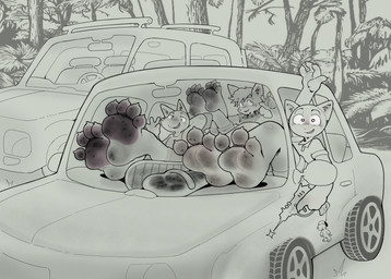 3_toes 4_toes anthro car claws crushed_micros death dirty dirty_feet extreme_size_difference feet feet_up foot_fetish foot_focus foot_play group inside_car inside_vehicle looking_at_viewer male micro pawpads paws shrink_ray size_difference soles stomping stuck_to_foot toe_claws toes trio vehicle ikkimikka canid canine felid feline mammal absurd_res hi_res