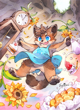 anthro apron blue_apron blue_clothing blue_eyes brown_body brown_fur brown_hair cake clock clothing cutlery dessert flower food fork fur grandfather_clock grass hair hole_(pit) kettle kitchen_utensils looking_at_viewer male pawpads plant smile solo sugar sugar_cube sunflower tail tools animalk canid mammal 2022 digital_media_(artwork) hi_res