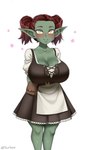 apron big_breasts blush breasts brown_hair cleavage clothed clothing dress female freckles green_body green_skin hair hands_behind_back humanoid_pointy_ears looking_at_viewer not_furry pigtails pouch_(clothing) red_hair simple_background smile solo white_background yellow_eyes twrlare goblin humanoid 2022 digital_media_(artwork) hi_res