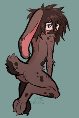 anthro brown_body brown_fur brown_hair eyewear fluffy fur glasses hair looking_at_viewer looking_back male markings scar scut_tail short_tail solo spots spotted_body spotted_fur tail wearing_glasses werehouse lagomorph mammal colored_sketch hi_res sketch