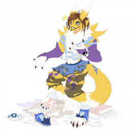 3_fingers after_transformation anthro armwear backpack biped black_sclera blue_eyes book bottomwear brown_hair cheek_tuft chest_tuft claws clothing collared_shirt countershading digitigrade dipstick_tail dress_shirt eyewear facial_tuft fangs feet female fingers footwear fur glasses hair hindpaw legwear markings multicolored_tail neck_tuft open_mouth paper pawpads paws pink_pawpads shirt shoes skirt solo tail tail_markings teeth tights toe_claws tongue topwear torn_clothing translucent translucent_clothing translucent_legwear tuft white_body white_fur yellow_body yellow_fur lucieniibi bandai_namco digimon canid digimon_(species) mammal renamon hi_res