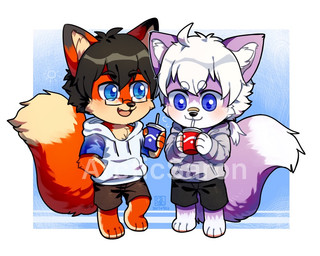 anthro beverage black_bottomwear black_clothing black_eyebrows black_hair black_nose black_shorts blue_clothing blue_eyes blue_hoodie blue_topwear blush border bottomwear brown_bottomwear brown_clothing brown_shorts chibi clothed clothing duo eyebrow_through_hair eyebrows front_view fur glistening glistening_eyes grey_clothing grey_hoodie grey_topwear hair holding_beverage holding_object hoodie male messy_hair mouth_closed multicolored_body multicolored_fur open_mouth open_smile orange_body orange_fur purple_body purple_fur short_hair shorts simple_background smile tan_body tan_fur topwear translucent translucent_hair white_body white_border white_clothing white_eyebrows white_fur white_hair white_hoodie white_topwear asnnonaka canid canine fox mammal 2017 5:4 dated