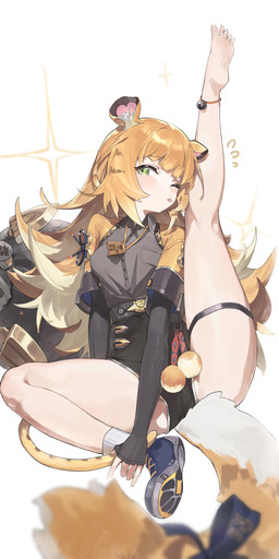 5_fingers 5_toes animal_ears barefoot belt black_clothing blonde_hair clothed clothing feet female fingers fluffy footwear green_eyes hair jacket looking_at_viewer one_eye_closed one_shoe_on open_clothing open_jacket open_topwear orange_hair raised_leg shoes soles solo striped_hair tail toes tongue tongue_out topwear white_hair berserker00r mihoyo zenless_zone_zero ju_fufu animal_humanoid felid felid_humanoid humanoid mammal mammal_humanoid pantherine pantherine_humanoid thiren tiger_humanoid 1:2 absurd_res hi_res