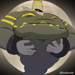 1_eye 5_fingers ambiguous_gender anthro belly belly_fondling belly_mouth belly_play bellymouth big_hands bodily_fluids fingers floating fondling grey_body groping_belly hand_on_belly hand_on_own_belly low-angle_view male markings midair moon multicolored_body night outside overweight red_eyes self_fondle shadow sky solo stripes sweat sweatdrop thick_arms yellow_markings d.growth nintendo pokemon dusknoir generation_4_pokemon ghost pokemon_(species) spirit 1:1 2025 colored digital_media_(artwork) digital_painting_(artwork) hi_res painting_(artwork)