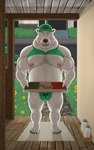 anthro areola belly biceps big_belly big_bulge biped body_hair bulge chest_hair clothed clothing container delivery_(commerce) delivery_employee detailed_background detailed_bulge food hair male male_anthro musclegut muscular muscular_anthro muscular_male nipples overweight pecs pizza_box plantigrade solo fayrofire uber_eats bear mammal polar_bear ursine 5:8 absurd_res hi_res