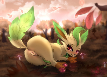anus autumn bedroom_eyes blush butt feet female feral fungus fur genitals grass humanoid_genitalia humanoid_genitalia_on_feral humanoid_vulva humanoid_vulva_on_feral leaf mushroom narrowed_eyes orange_eyes pawpads paws plant presenting presenting_hindquarters seductive sky solo tail thick_thighs tree vulva wide_hips yellow_body yellow_fur astralia_(art) nintendo pokemon canid canine eeveelution generation_4_pokemon leafeon mammal pokemon_(species) hi_res watermark