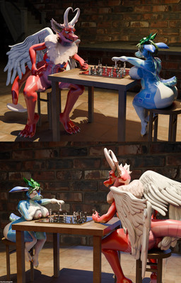 anthro blue_body blue_eyes blue_fur blue_nipples board_game breasts butt chess chest_tuft duo feathered_wings feathers female fluffy_ears forehead_gem fur furniture gem green_hair hair hand_on_breast horn larger_female nipples nude pink_body pink_scales playing_chess red_body red_eyes red_scales scales sitting size_difference smaller_female stool table tuft white_body white_feathers white_fur wings heartlessangel3d mythology adelina_the_love_dragon petra_the_defend_deer deer dragon mammal mythological_creature mythological_scalie scalie 2026 3d_(artwork) absurd_res blender_(artwork) digital_media_(artwork) hi_res