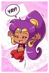 breasts chibi clothing dark_body dark_skin dialogue ear_piercing eyes_closed female footwear hair happy humanoid_pointy_ears long_hair navel not_furry open_mouth piercing pointy_ears ponytail purple_hair solo speech_bubble text linkerluis shantae_(series) wayforward shantae genie humanoid 2019 2:3 english_text hi_res