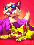 blep claws duo eyewear eyewear_on_head feral fur goggles goggles_on_head hair lying on_front one_eye_closed smile tongue tongue_out falvie canid canine mammal