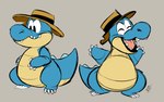 anthro belly blue_body clothing eyes_closed hat headgear headwear simple_background slightly_chubby solo teeth pastelcore link's_awakening nintendo the_legend_of_zelda sale_(tloz) crocodile crocodilian reptile scalie 2019