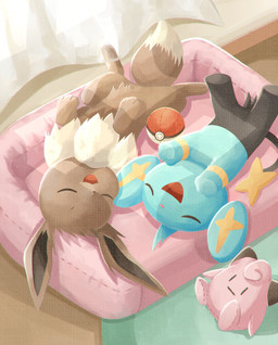 ambiguous_gender black_body black_fur black_inner_ear blue_body blue_fur brown_body brown_fur curtains doll duo featureless_crotch feral fur inside lying markings on_back open_mouth pet_bed pink_nose smile white_body white_fur yellow_inner_ear yellow_markings ramune_(artist) nintendo pokemon clefairy eevee generation_1_pokemon generation_4_pokemon pokemon_(species) shinx hi_res