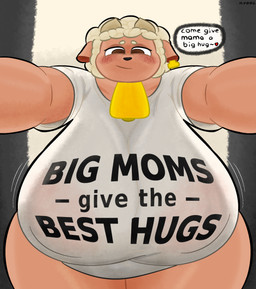 anthro areola backlighting bedroom_eyes big_breasts bottomless breasts clothed clothing cowbell curvy_figure dialogue female first_person_view hair half-closed_eyes horn huge_breasts light looking_at_viewer narrowed_eyes nipple_outline sagging_breasts seductive shirt shirt_only simple_background smile solo text text_on_clothing text_on_shirt text_on_topwear thick_thighs topwear topwear_only wide_hips nyool_(artist) girls_with_big_boobs_give_the_best_hugs bovid caprine mammal sheep digital_media_(artwork) hi_res lighting