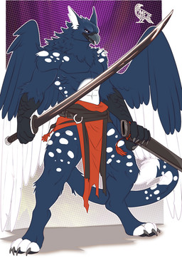 anthro beak bottomwear claws clothed clothing feathers fingers male muscular standing weapon wings omez mythology avian bird gryphon mythological_avian mythological_creature