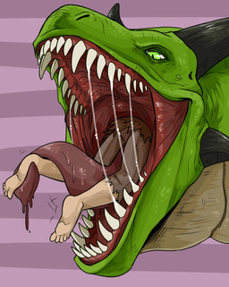 ambiguous_gender black_horn bodily_fluids bottomwear brown_bottomwear brown_clothing brown_topwear cheek_horn clothing duo fangs feet feral glistening glistening_eyes green_body green_eyes green_scales horn humanoid_feet in_mouth mawplay mouth_play mouth_shot open_mouth oral_vore partially_inside pattern_background plantigrade red_tongue saliva saliva_on_tongue saliva_string scales sharp_teeth simple_background size_difference smaller_human striped_background swallowing tan_body tan_scales teeth tongue topwear vore swampjaws mythology dragon human mammal mythological_creature mythological_scalie scalie absurd_res hi_res