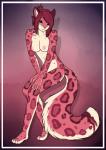 anthro bangs biped breasts female fluffy fluffy_tail front_view fur green_eyes hair looking_at_viewer nipples nude pink_body pink_fur pink_nipples pink_nose pose red_hair simple_background smile solo spots tail aludrakijurorin quinn felid leopard mammal pantherine snow_leopard hi_res